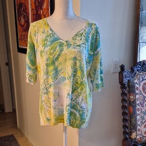 Blue Green Yellow Short Sleeve V Neck Shirt Stetchy